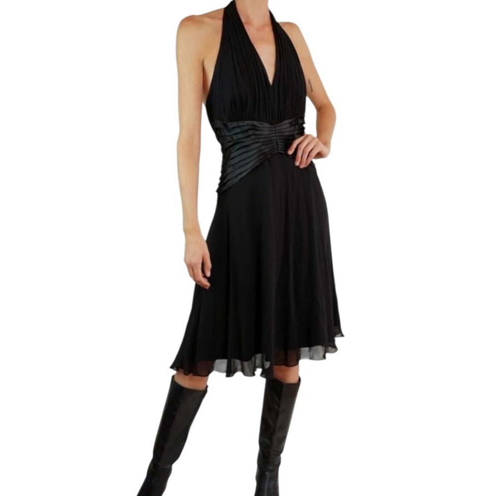 TADASHI Black Silk Satin Pleated Chiffon Skirt Open Back Dress UK 18 (US 14)